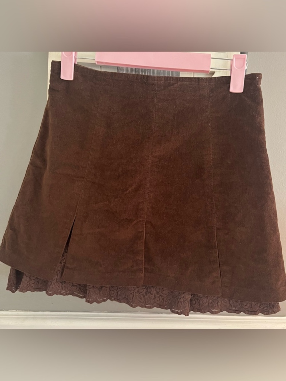 Brown Corduroy Mini Skirt with Lace Hem